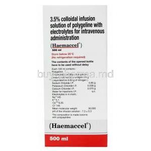 Haemaccel Infusion, Calcium Chloride 0.070g /Potassium Chloride 0.038g/Sodium Chloride 0.85g, Infusion 500mL, Abbott, Box information,Composition