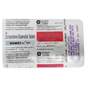 Domstal DT, Domperidone 10mg, Dispersible tablet, Torrent Pharma, Blisterpack information