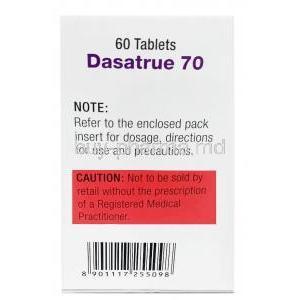 Dasatrue, Dasatinib 70 mg, 60 tablets, Cipla, Box information, Caution