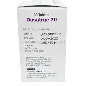 Dasatrue, Dasatinib 70 mg, 60 tablets, Cipla, Box information, Mfg date, Exp date