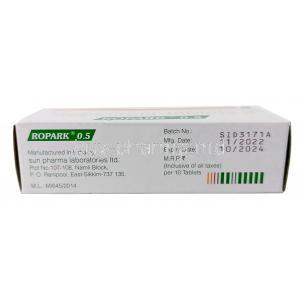 Ropark 0.5, Ropinirole 0.5mg, Sun Pharma, Box information, Mfg date, Exp date