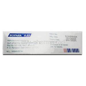 Ropark 0.25, Ropinirole 0.25mg, Sun Pharma, Box information,Manufacturer