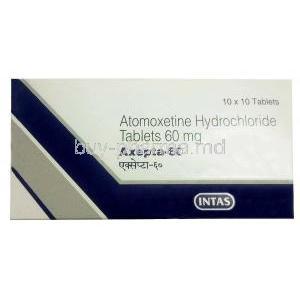 Axepta 60, Atomoxetine 60mg, Intas, Box front view