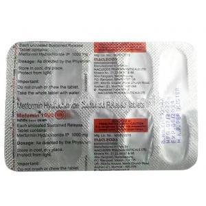 Mefomin , Metformin 1000mg, tablets, Macleods, Blisterpack information