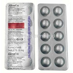 Jaknat 10, Tofacitinib 10mg, Natco Pharma,  Blisterpack front view, back view