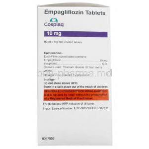 Cospiaq, Empagliflozin 10mg, Torrent Pharmaceuticals Ltd,Box information, Dosage, Caution