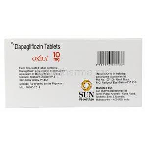 Oxra, Dapagliflozin 10 mg, Sun Pharma, Box information, Manufacturer