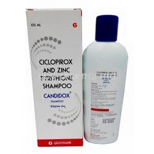Candidox Shampoo,Ciclopirox 1% wv,Zinc Pyrithione 1% wv, Shampoo 100 mL,Glenmark Pharmaceuticals, Box, Bottle information