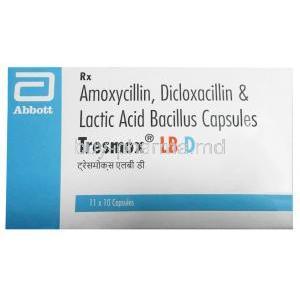 Tresmox LB D, Amoxicillin 250mg, Dicloxacillin 250mg, Lactobacillus 2.5 Billion Spores, Abbott, Box front view