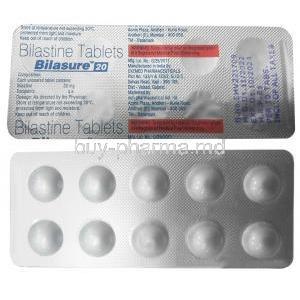 Bilasure 20, Bilastine 20 mg, Sun Pharmaceutical Industries, Blisterpack front view, back view