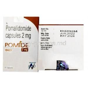 Pomide, Pomalidomide 2mg, 21capsules, Hetero Healthcare, Box front view, information
