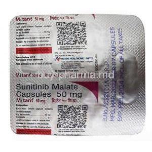 Mitant 50mg, Sunitinib 50mg,Capsule, Hetero Drugs Ltd, Blisterpack information