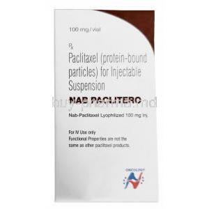Nab Paclitero Injection, Paclitaxel 100 mg, Injection vial,Hetero Healthcare, Box front view