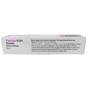 Vaniqa Cream, Eflornithine 11.5%, Cream 60g, Almirall Ltd, Box information, Ingredients