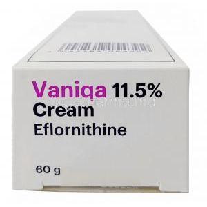 Vaniqa Cream, Eflornithine 11.5%, Cream 60g, Almirall Ltd, Box side view