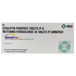 Janumet XR CP, Sitagliptin 100 mg x 7 tablets, Metformin 1000 mg x 7 tablets (Combipack), MSD, Box front view