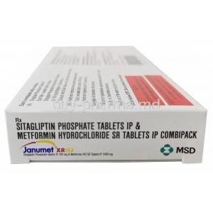 Janumet XR CP, Sitagliptin 100 mg x 7 tablets, Metformin 1000 mg x 7 tablets (Combipack), MSD, Box side view