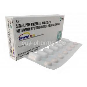 Janumet XR CP, Sitagliptin 100 mg x 7 tablets, Metformin 1000 mg x 7 tablets (Combipack), MSD, Box, Blisterpack, side view