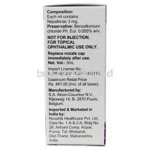 Ilevro Opthalmic Suspension, Nepafenac 0.3% wv, Opthalmic Suspension(Eyedrop) 3mL, Novartis India Ltd, Box information, Composition, Manufacturer