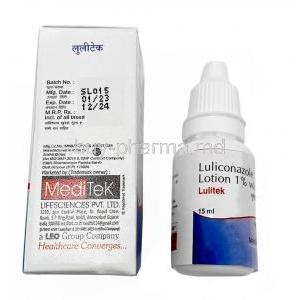 Lulitek Lotion, Luliconazole 1% wv, Lotion 15mL, Box information, Bottle