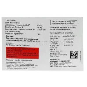 Nobel Spas RF Injection, Dicyclomine 10 mg/mL / Diclofenac 25 mg/mL, Injection vial 2mL, Mankind Pharma Ltd, Box information