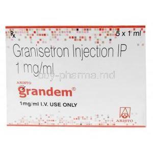 Grandem Injection, Granisetron 1 mg, Injection 1mL, Aristo Pharmaceuticals, Box front view