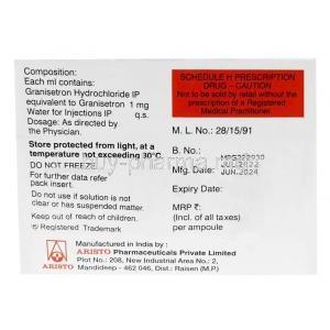 Grandem Injection, Granisetron 1 mg, Injection 1mL, Aristo Pharmaceuticals, Box information