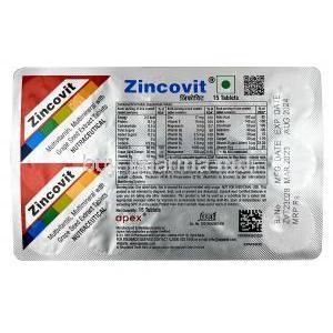 Zincovit, Multivitamins/ Minerals, Apex Laboratories Pvt., Ltd, Box information