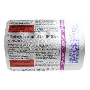 Duphacad, Dydrogesterone 10mg, Cadila Pharmaceuticals Ltd, Blisterpack information