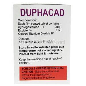 Duphacad, Dydrogesterone 10mg, Cadila Pharmaceuticals Ltd, Box side view information, Caution