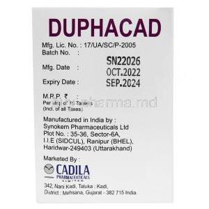 Duphacad, Dydrogesterone 10mg, Cadila Pharmaceuticals Ltd, Box side view information, Mfg date, Exp date