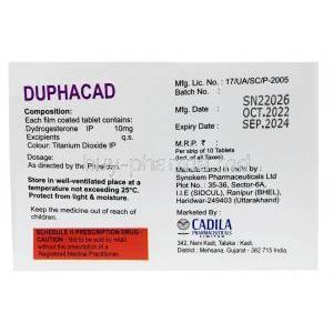 Duphacad, Dydrogesterone 10mg, Cadila Pharmaceuticals Ltd, Box  information, Mfg date, Exp date