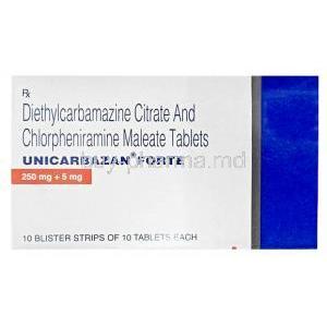 Unicarbazan Forte, Diethylcarbamazine 250 mg / Chlorpheniramine Maleate 5 mg, 10tablets, Torrent Pharma, Box front view