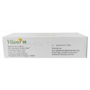 Vilano 20, Vilazodone 20 mg, Sun Pharmaceutical Industries, Box information, Manufacturer