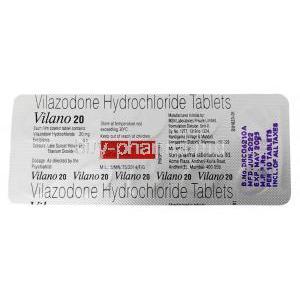 Vilano 20, Vilazodone 20 mg, Sun Pharmaceutical Industries, Blisterpack information