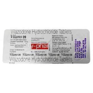 Vilano 20, Vilazodone　20 mg, Sun Pharmaceutical Industries, Blisterpack information