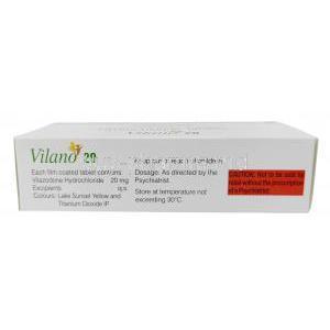 Vilano 20, Vilazodone　20 mg, Sun Pharmaceutical Industries, Box information, Storage