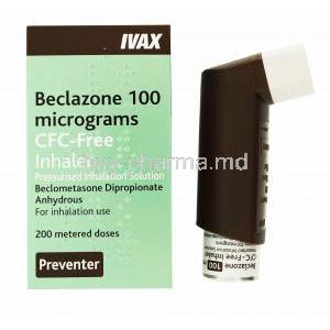 Beclazone, Beclomethasone Inhaler 200MD, box and inhaler pump