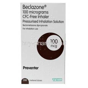 Beclazone Inhaler, Beclomethasone 100 mcg, Inhaler 200 Dose, Takeda Teva, Box front view