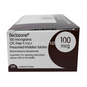 Beclazone Inhaler, Beclomethasone 100 mcg, Inhaler 200 Dose, Takeda Teva, Box side view