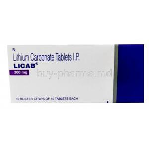 Licab, Lithium Carbonate 300 mg,Torrent Pharma, Box front view