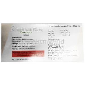Cintigo, Cinnarizine 25 mg, Wallace Pharmaceuticals, Box information