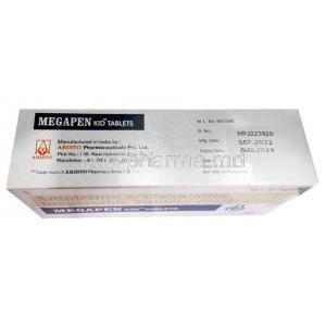 Megapen Kid, Ampicillin 125 mg / Cloxacillin 125 mg, DT Tablet(For children) Aristo Pharma, Box information, Mfg date, Exp date