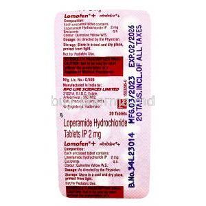 Lomofen Plus, Loperamide 2 mg, 20tablets, RPG Life Sciences Ltd, Blisterpack information