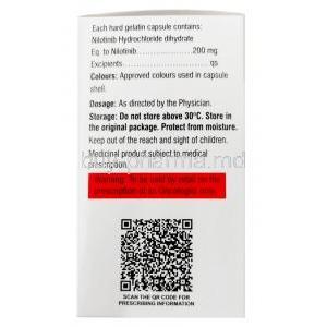 Ninlib, Nilotinib 200mg, 30capsules, Hetero Healthcare Ltd, Box information, Dosage, Warning