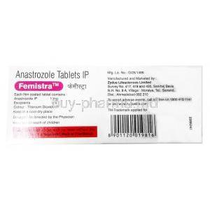 Femistra, Anastrozole 1 mg, Zuventus Healthcare,Box information(New package)