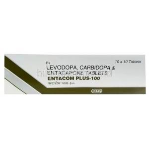 Entacom Plus, Levodopa 100 mg / Carbidopa 25 mg / Entacapone 200 mg, Intas Pharma, Box front view