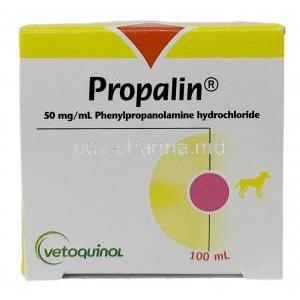 Propalin Syrup, Phenylpropanolamine 50mg/mL, Syrup 100mL, Vetoquinol Australia Pty Ltd, Box top view