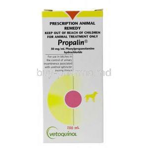 Propalin Syrup, Phenylpropanolamine 50mg/mL, Syrup 100mL, Vetoquinol Australia Pty Ltd, Box front view