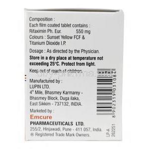 Rifaclean 550, Rifaximin 550 mg, Emcure Pharmaceuticals Ltd, Box information, Manufacturer